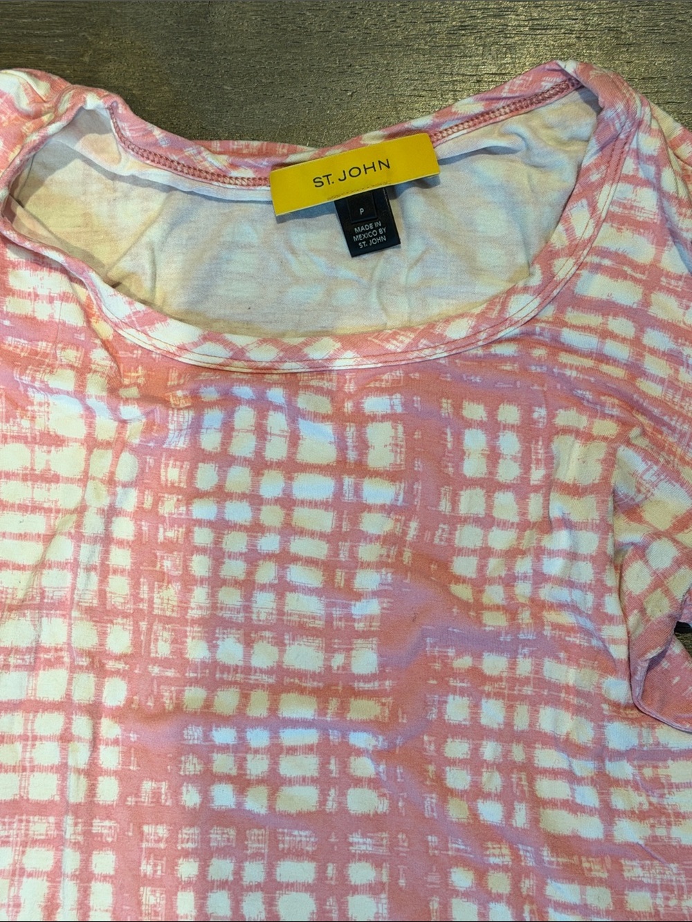 St. John Pink & White Checkered Short-Sleeve Crewneck Top